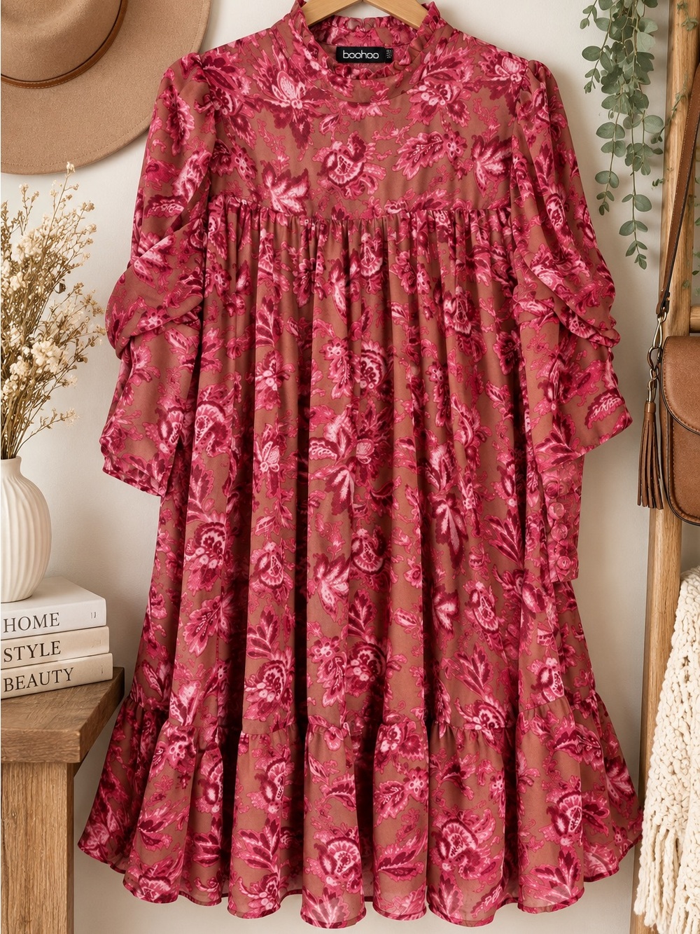 Boohoo Pink Floral Burnout Babydoll Midi Dress